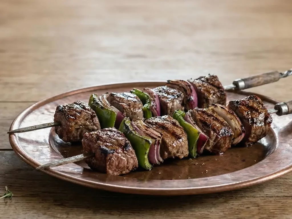 Brochetas de Ternera de Ávila IGP a la plancha con pimientos de la huerta abulense y sal en escamas.