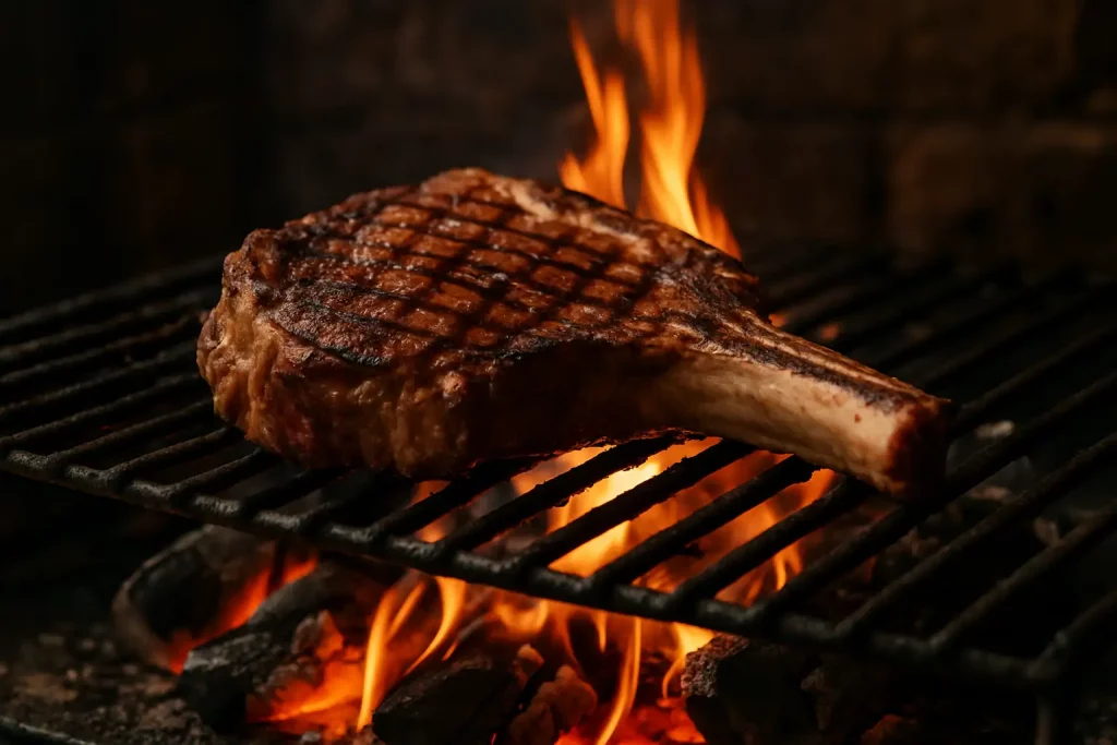 Chuletón de vaca vieja cocinado a la brasa de leña natural en el restaurante Venta La Colilla