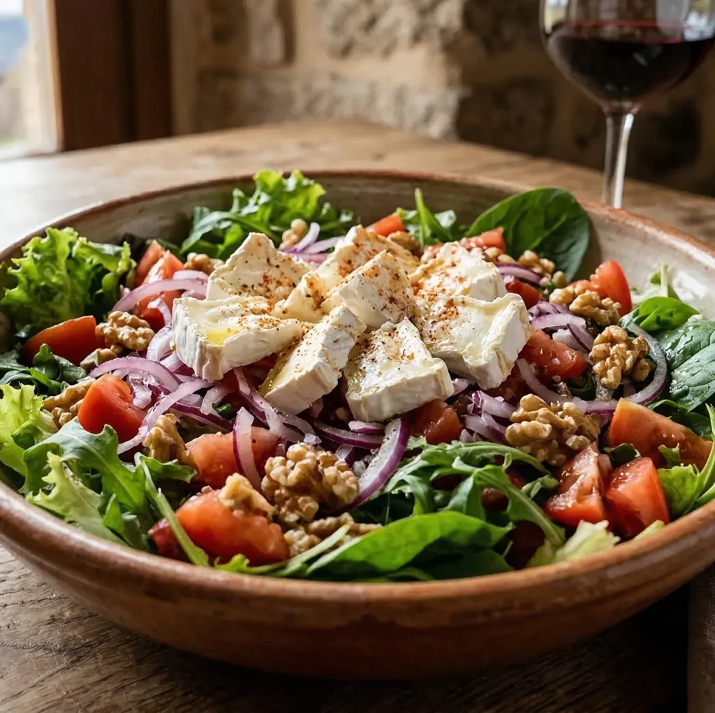Ensalada de la Ribera con medallones de queso de cabra del Valle del Tiétar, cebolla roja de la Moraña y nueces.