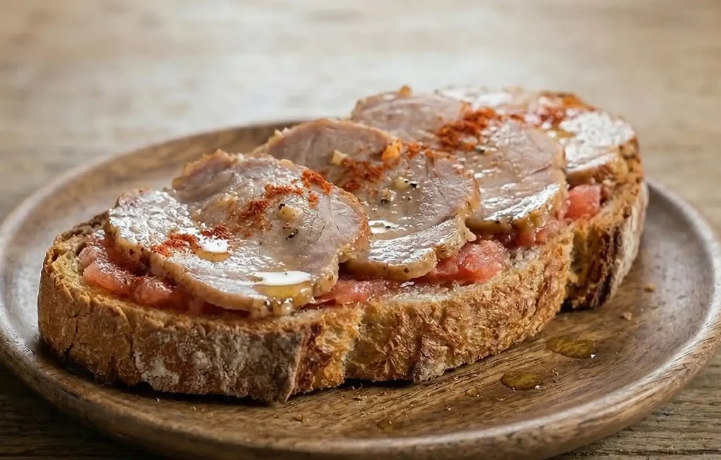 Tosta de pan artesano con tomate de la ribera del Adaja, aceite de oliva virgen extra y lomo de olla de Ávila.