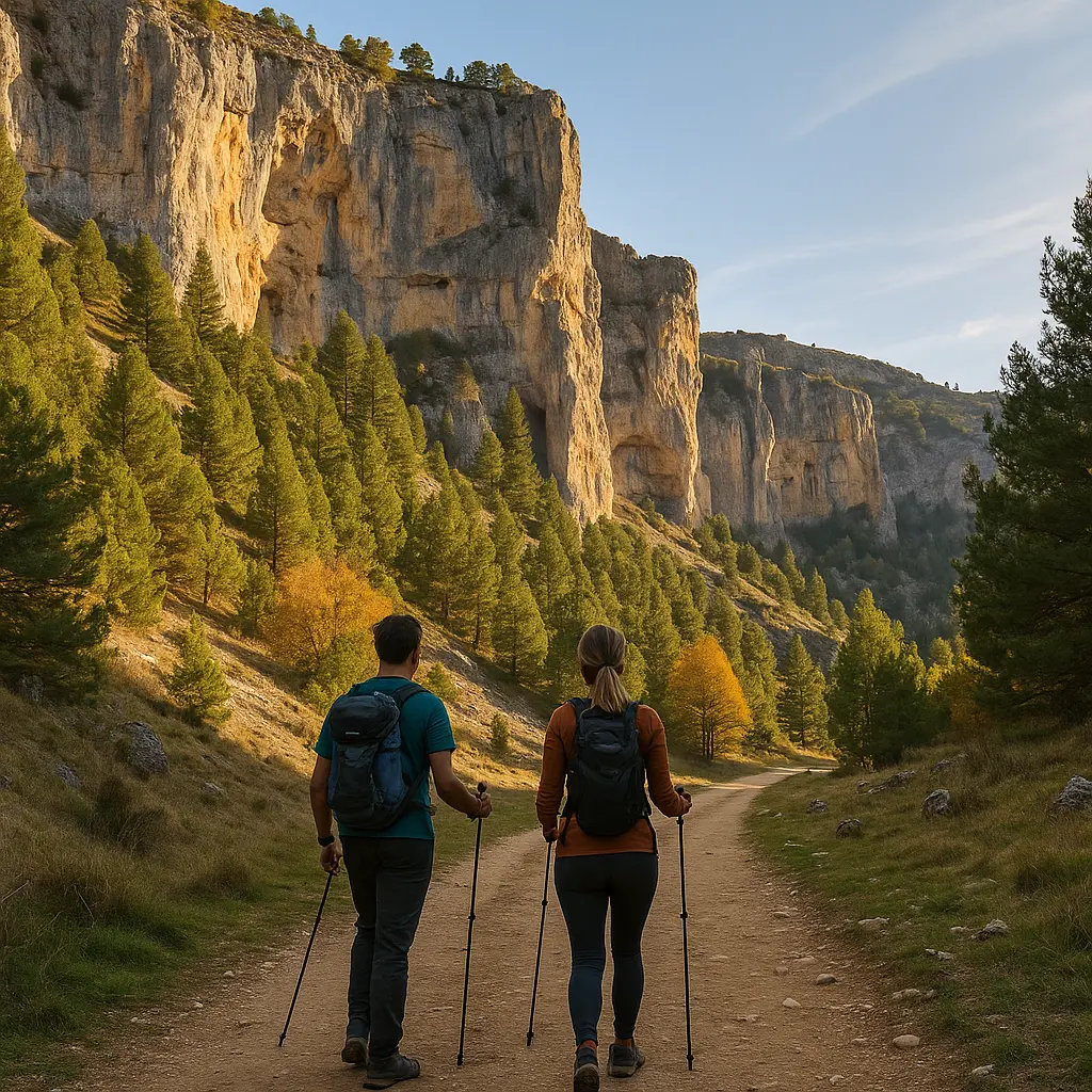 Grupo de personas haciendo trekking por una ruta de senderismo en la Sierra de Gredos, Ávila, con montañas de fondo