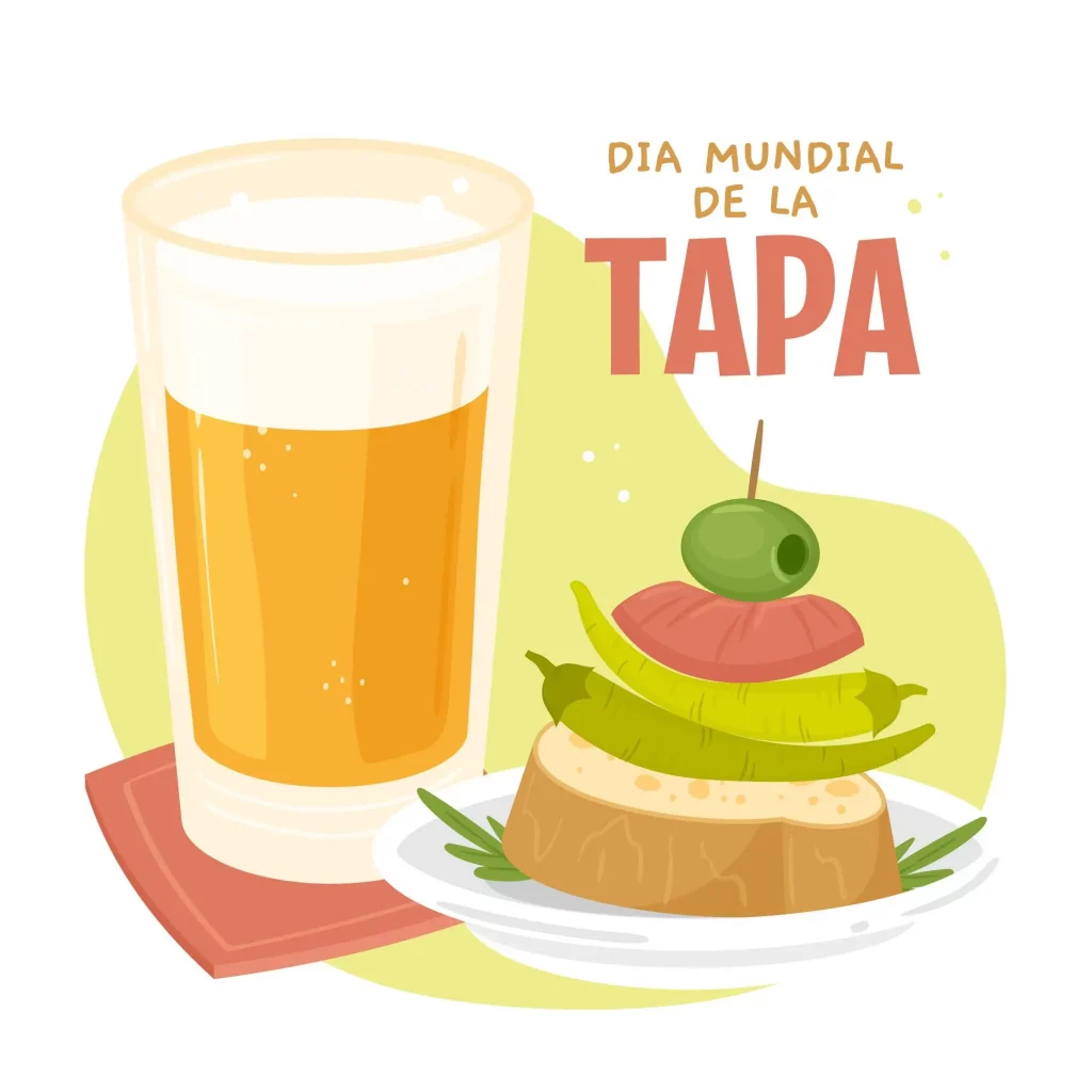 Cartel decorativo celebrando el Día Mundial de la Tapa junto a una caña de cerveza y una tapa