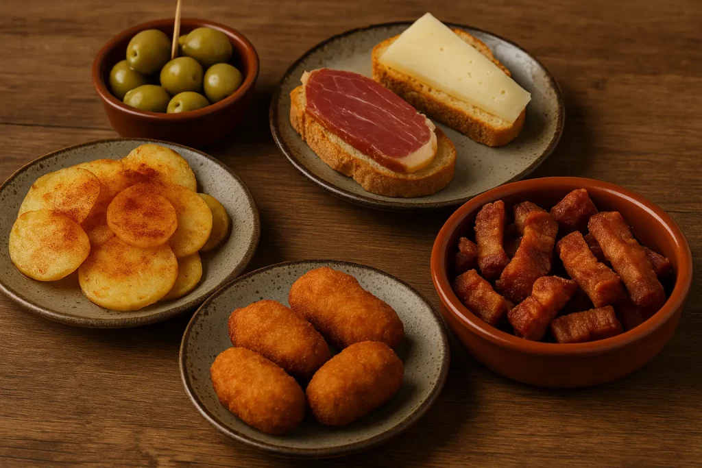 Variedad de tapas tradicionales españolas sobre una mesa de madera, incluyendo aceitunas, embutidos y raciones típicas.